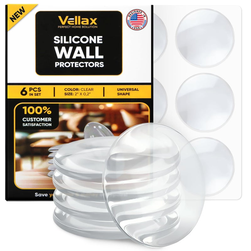 Vellax Clear Wall Door Handle Stopper 2"" Set. 6 Pcs, with Self Strong Adhesive for Stopping Wall Damage & Noise from Doors, Guard Door Bumper Silencer - Image 1